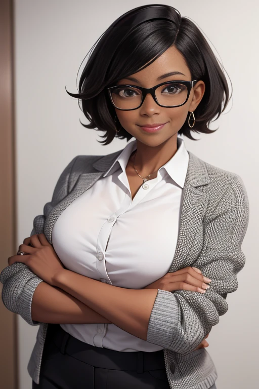 obra-prima, melhor qualidade, Portrait of Mid Successful Mature Black Woman Looking at Camera with Arms Crossed. Smiling african american businesswoman standing . Portrait of mature woman wearing glasses, shy, back view, looking on viewer