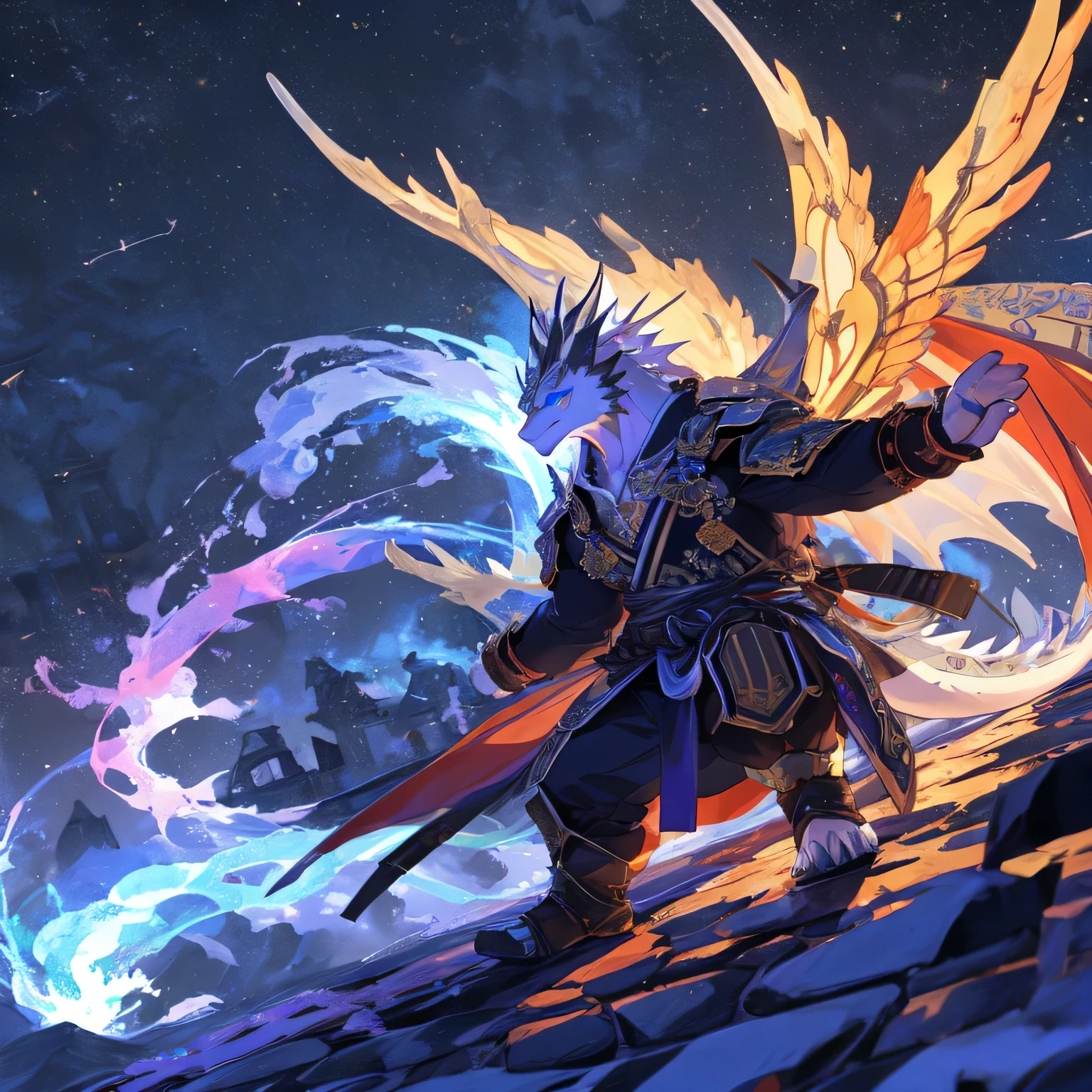 A white dragon、Comic style blue eyes、As anime character、Anime style、Huge wings、Wings spread、castle、Fighting、Handsome、Flying