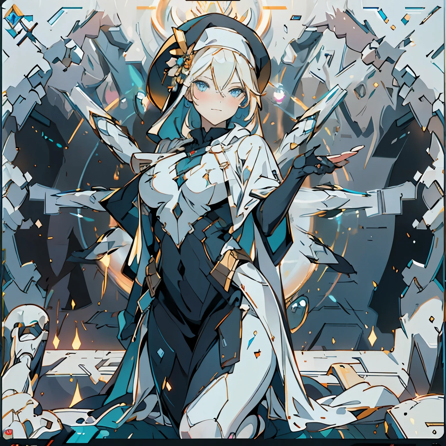 1 adult woman, alone, High detail mature face, long bread blond hair, smile, blue eyes, black and white Nun hat, high res, ultra sharp, 8k, masterpiece, looking at viewer, long black gloves, Sharp eyes, ((Best quality)), ((masterpiece)), 3D, HDR (High Dynamic Range),Ray Tracing, NVIDIA RTX, Super-Resolution, Unreal 5,Subsurface scattering, PBR Texturing, Post-processing, Anisotropic Filtering, Depth-of-field, Maximum clarity and sharpness, Multi-layered textures, Albedo and Specular maps, Surface shading, Accurate simulation of light-material interaction, Perfect proportions, Octane Render, Two-tone lighting, Wide aperture, Low ISO, White balance, Rule of thirds,8K RAW, Aura, masterpiece, best quality, Mysterious expression, magical effects like sparkles or energy, flowing robes or enchanting attire, mechanic creatures or mystical background, rim lighting, side lighting, cinematic light, ultra high res, 8k uhd, film grain, best shadow, delicate, RAW, light particles, detailed skin texture, detailed cloth texture, beautiful face, fighting stance , holding staff