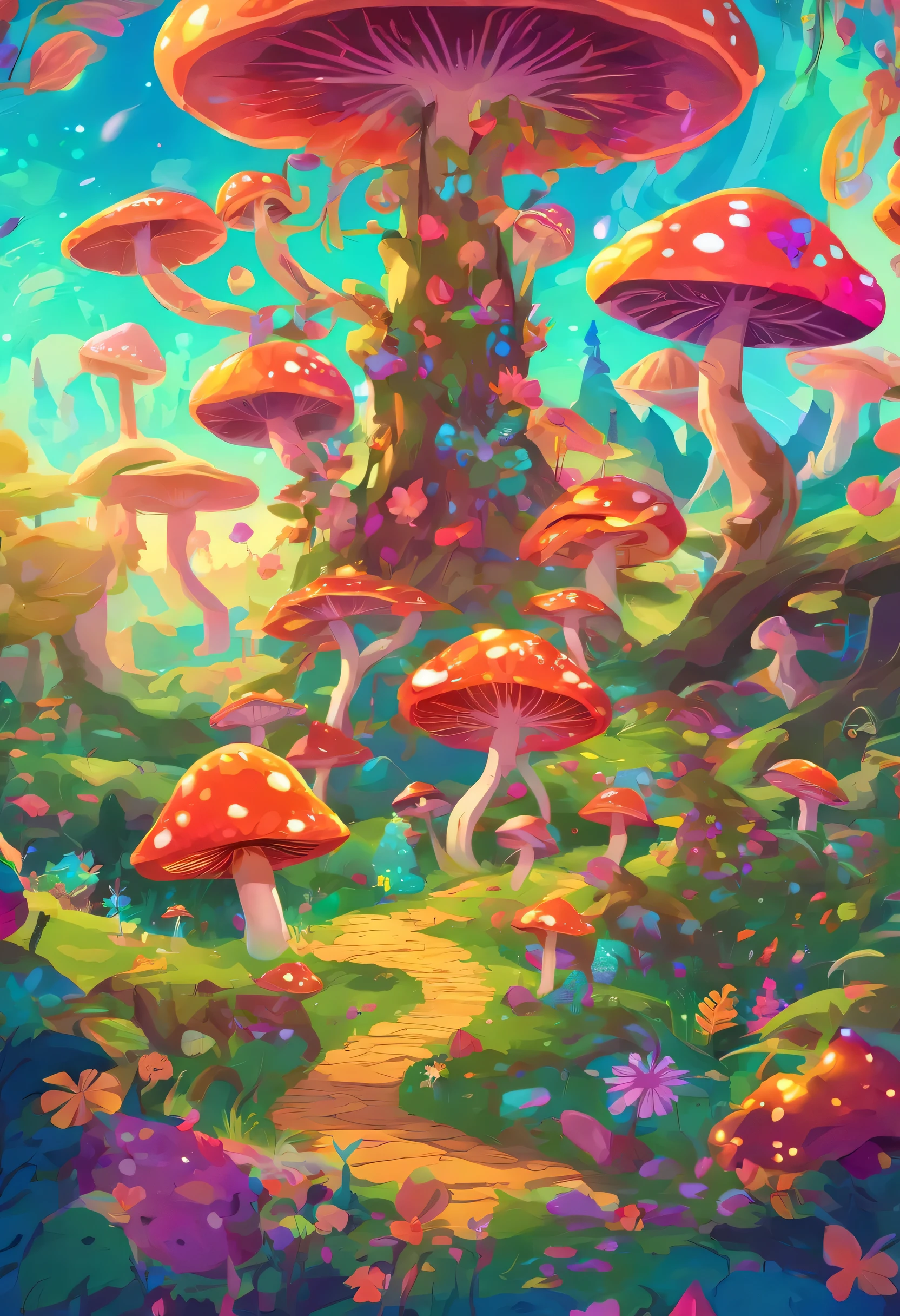 (best quality,4k,8k,highres,masterpiece:1.2),ultra-detailed,(realistic,photorealistic,photo-realistic:1.37),walking mushroom hippy colors vibe,landscape,psychedelic,magical,Alice in Wonderland inspired,cartoonish bright hues,nature's surrealism,ethereal lighting,whimsical fungi,floating spores,mushroom trail,magical forest,enchanted atmosphere,enchanted flora and fauna,mystical creatures,happy dancing mushrooms,peaceful aura,dreamy ambiance,rolling hills,glowing mushrooms,giant mirthful mushroom,fanciful patterns and textures,overflowing with vibrant colors,playful dancing lights,misty morning dew,fairy tale-like scenery,harmonious blend of fantasy and reality,mesmerizing fantasy landscape,reminiscent of childhood innocence,magical storytelling,joyful and carefree vibe,harmony with nature,festive and lively atmosphere,joyful twists and turns,quirky and captivating visual spectacle,animated enchantment.