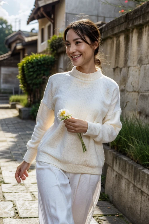 detailed face, 35 year old woman, beautiful, take flowers, walking in the street, smiling, detailed bright eyes, ultra-detailed, (high detailed skin:1.2), (best quality:1.0), realistic, sweater, open mouth, 1 girl walking on the river, behind the sunlight with rice field