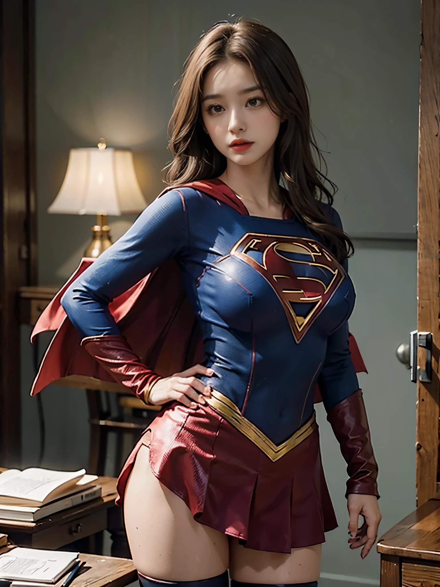 Woman body set big breasts, Supergirl costume dress, BROWN HAIR