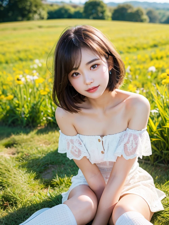 ((Whole body 1.4)),Buckshot,masterpiece, highest quality, RAW Photos, 8k, Highly detailed face, One girl, close, Beautifully detailed skin, Backlight, Soft Light, Shy, (Backwards 1.2), Face facing the viewer、Smile, open your mouth to say something, Illuminate, Anatomically correct, short hair, Windblown Hair, Eyes and facial details, Textured skin, Professional photography, Bokeh, Portraiture, Professional Lighting, alone, cute, Girlish, Film Grain, Off the shoulder、tight shorts、Knee socks、field、flower