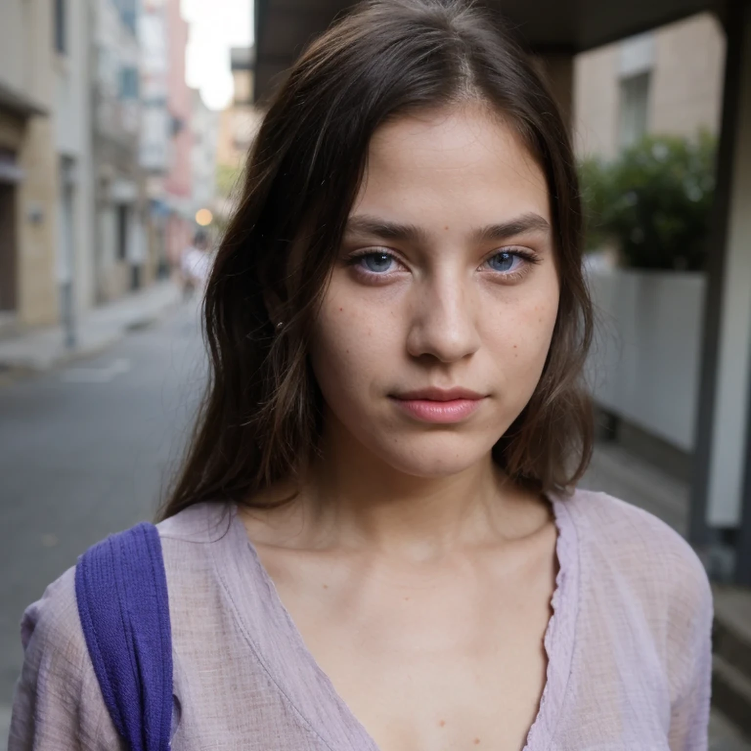 photo of a college student,9 years old, in Purple Pink, Linen coarse cloth, (freckles:0.8) Blush,cute face, sci-fi, dystopian, detailed eyes, cobalt blue eyes((Side view))Shy
