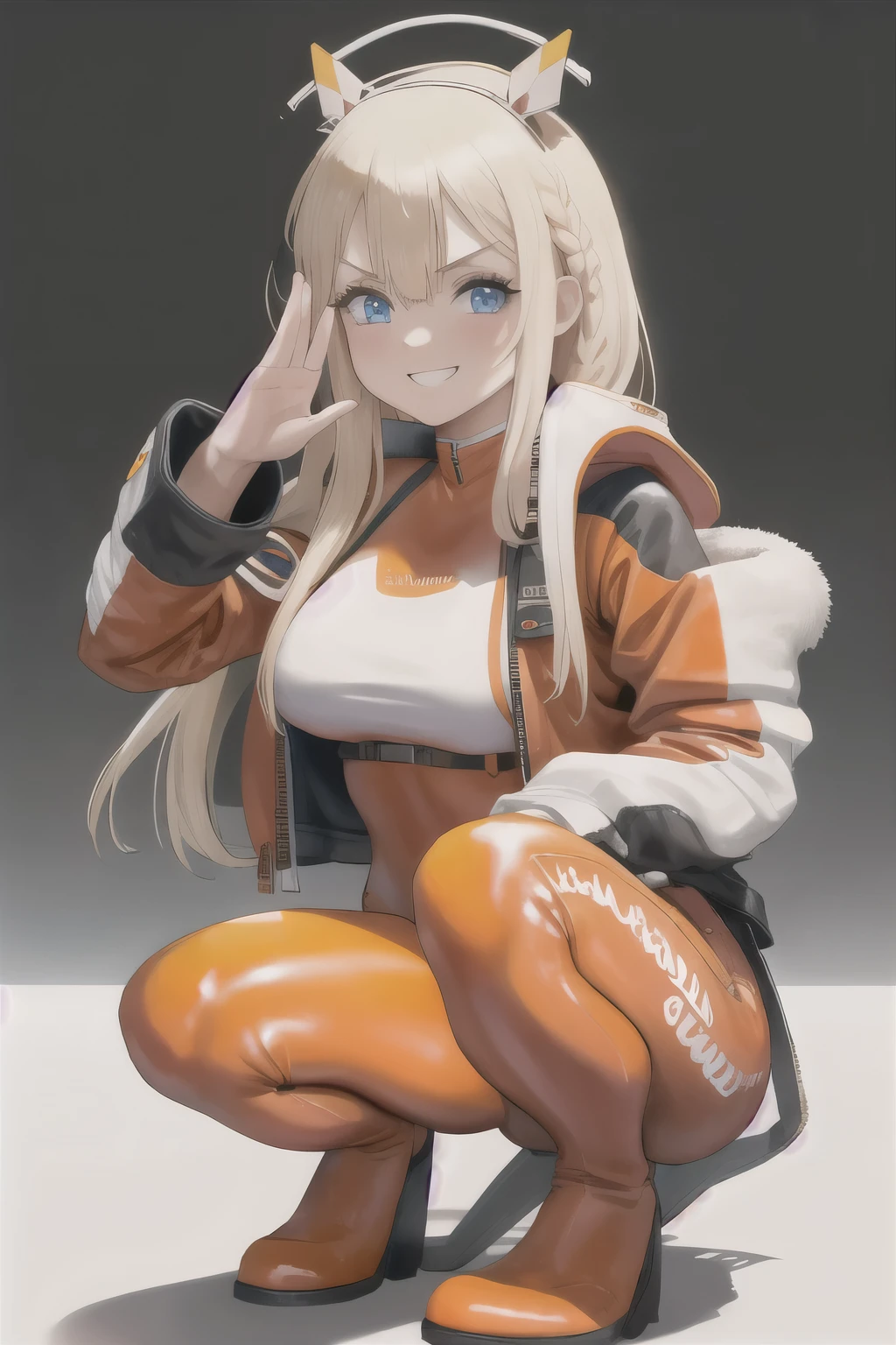 masterpiece, best quality, 1girl, solo, tove, headgear, braid, orange bodysuit, jacket, grin, looking at viewer, blush, long sleeves, full body, hood, salute, squatting,