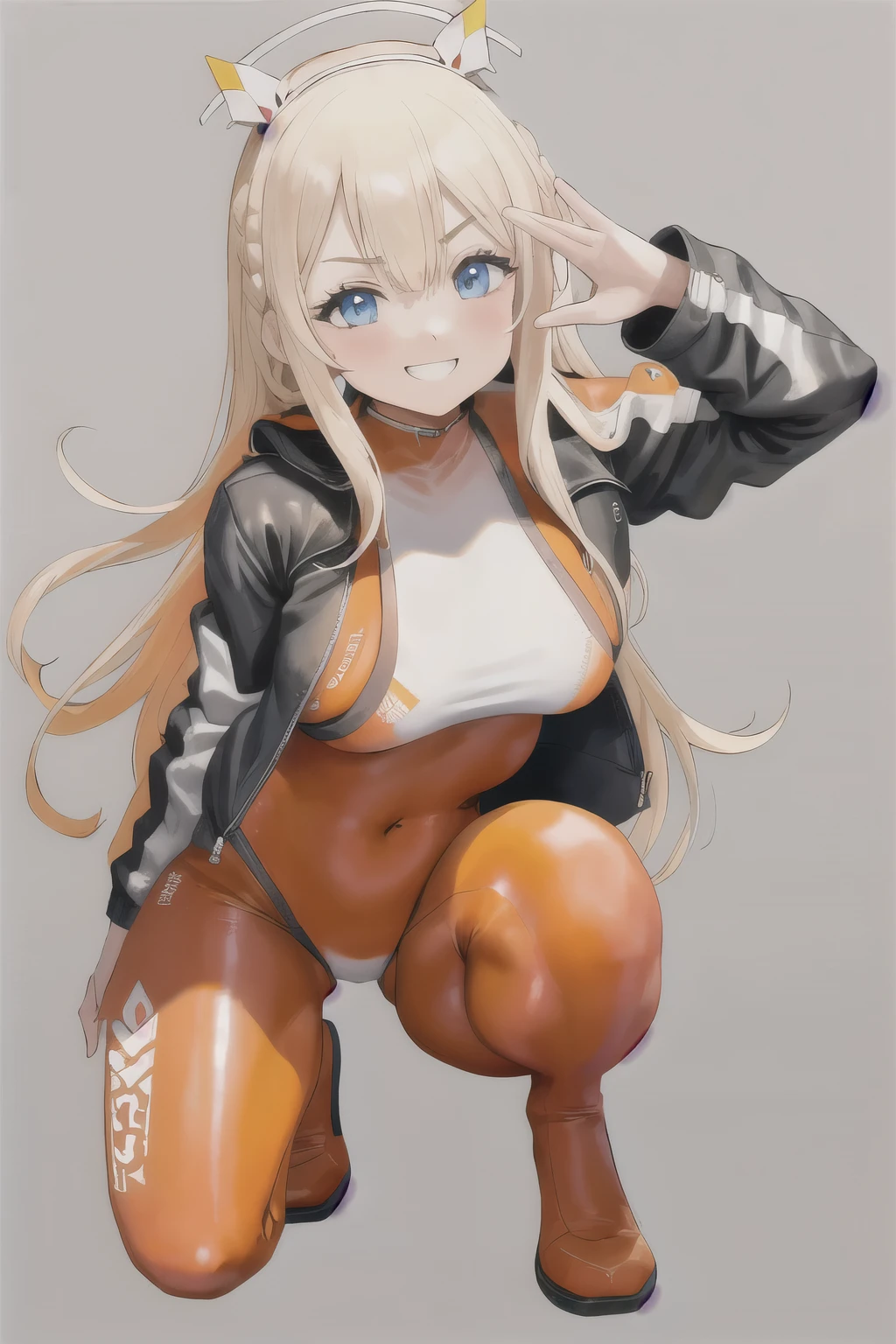 masterpiece, best quality, 1girl, solo, tove, headgear, braid, orange bodysuit, jacket, grin, looking at viewer, blush, long sleeves, full body, hood, salute, squatting,