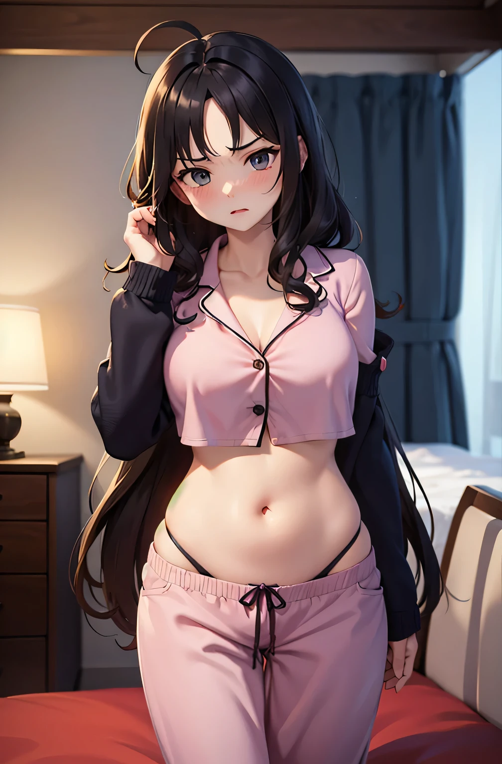 super fine illustration, vibrant colors, masterpiece, sharp focus, best quality, depth of field, cinematic lighting, ultra detailed, sleeves, crop top, pajamas, button-up, pajama pants, drawstring, belly button, wide hips, 1 woman, home, solo, very messy hair, dark color hair, long hair, curly hair, blush, angry, room, indoors, mature female, tall woman, medium breasts, hip pose