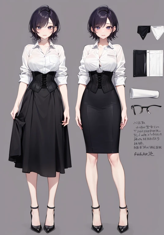 Purple hair,short hair,Adult female,(bartender),((Roll up your shirt sleeves)),(Rolling up the sleeves of his shirt),(corset),(skirt),(High heels),((Simple Background)),smile,((whole body)),((full body)),Character Sheet,