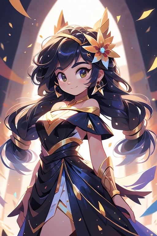 Jobria, asas de anjo, Mulher bonita, (realista), luz de fundo, fundo preto, black saia, black luvas, cabelo preto, sorriso, Tiro de vaqueiro, saia, brincos, cabelo solto, luvas, gold brincos, gold arco de cabelo, flor de cabelo, Hair accessories, ((arco de cabelo)), joia, light particles, Cabelo longo, look at the audience, off-the-shoulder saia, Estilo ombro a ombro, petal, rocha de borda, sozinho, Espinho, vestido muito lindo, Pano dupla face, ((obra de arte))