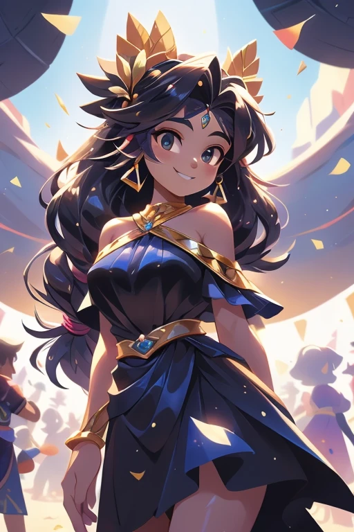 Jobria, asas de anjo, Mulher bonita, (realista), luz de fundo, fundo preto, black saia, black luvas, cabelo preto, sorriso, Tiro de vaqueiro, saia, brincos, cabelo solto, luvas, gold brincos, gold arco de cabelo, flor de cabelo, Hair accessories, ((arco de cabelo)), joia, light particles, Cabelo longo, look at the audience, off-the-shoulder saia, Estilo ombro a ombro, petal, rocha de borda, sozinho, Espinho, vestido muito lindo, Pano dupla face, ((obra de arte))