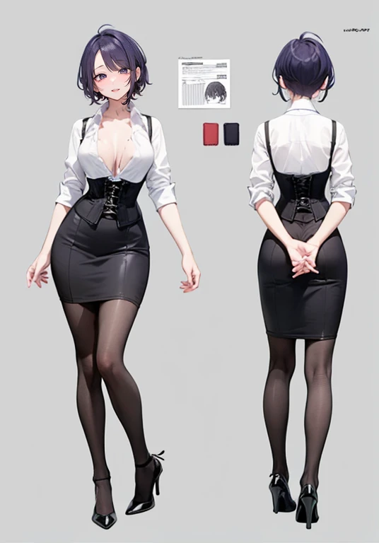 Purple hair,short hair,Adult female,(bartender),((Roll up your shirt sleeves)),(Rolling up the sleeves of his shirt),(corset),(skirt),(High heels),((Simple Background)),smile,((whole body)),((full body)),Character Sheet,