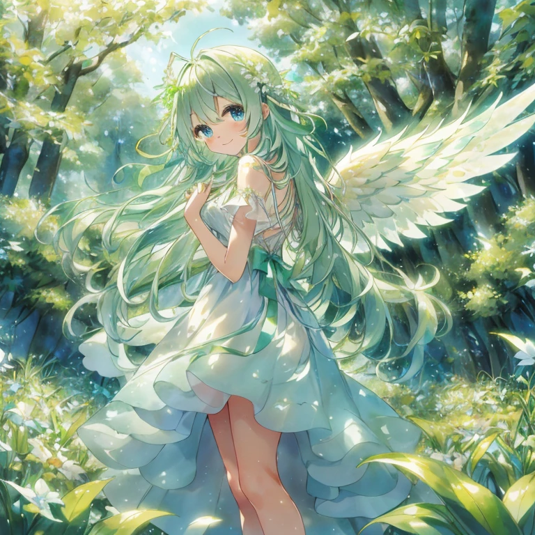 A happy angel surrounded by animals in a beautiful fresh green forest. She is a super beautiful 6 year old angel with a happy smile and a cute moe anime style. Charming, sparkling big blue eyes, long eyelashes, and long wavy hair that flutters in the wind. Wearing a long, cute, detailed dress with lots of ribbons, lace, and ruffles, and translucent angel wings on her back that glow with a magical light. The angel is surrounded by a gentle green aura of light. The overall color scheme is pale green, gently emphasizing the fantastic atmosphere. Textures are a combination of watercolor and moe anime textures, a world filled with mysterious dusty light, cute, gentle, healing, magical fantasy, highest image quality, highest image quality,