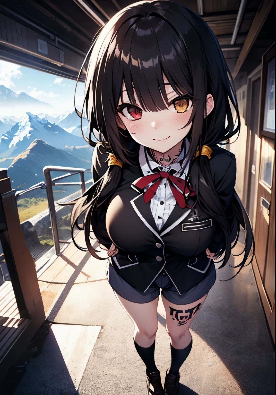 Masterpiece, high quality, ultra quality, best lighting, 1girl, ((tokisaki kurumi)), long hair, black hair, low twintails, monochrome, ((right red eye:1, left yellow eye:1)), black , ((black school uniform)), ((short pants)), ((big breast)), ((big thigh)), smile, blush, cute face, ((gesugao face)), standing, sexy body, sexy, tattooed full body, tattooed face, (((tattooed))),looking at viewer, large the breast, nsfw, (((mountain)))
