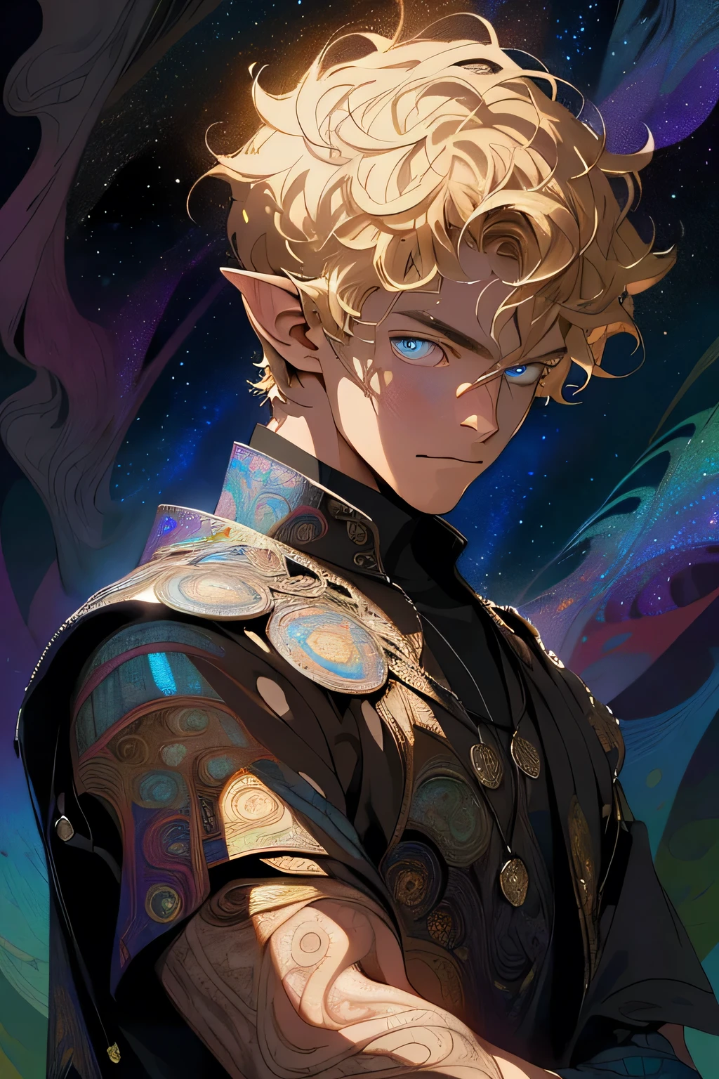 Realistic, (Masterpiece, Top Quality, Best Quality, Official Art, Beauty and Aesthetics: 1.2), Very Detailed, Fractal Art, Colorful, Most Detailed, Zentangle, (Abstract Background: 1.5) (1boy: 1.3), God, Blonde Hair, Short Hair, (Glowing Blue Eyes), Mysterious, (Magic), Starry Sky, Handsome Elf, Knight Armor
