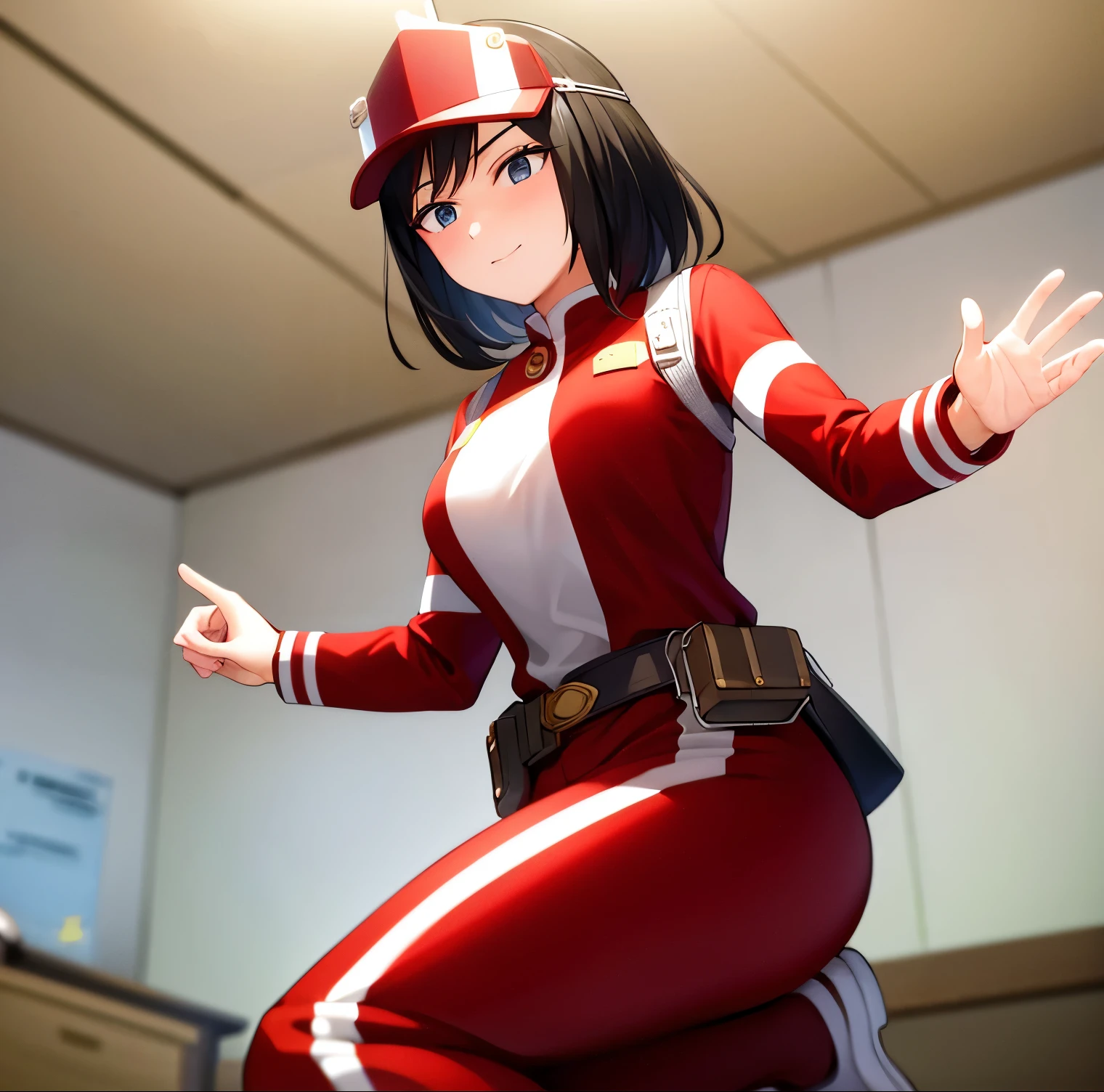 1girl, alone, yui kodai, artwork, black horse, medium hair, black eyes, smiling, embarrassed, mouth closed, teacher, best quality, (cap with visor: 1.2), (red and white jumpsuit: 1.2), long sleeves, belt, (red and white pants: 1.2), (white sneakers: 1.2) large breasts, medium waist, wide hips, medium thighs, round butt, white boots, kneeling, from behind, looking at viewer, point of view (from below ), perfect hands, perfect anatomy