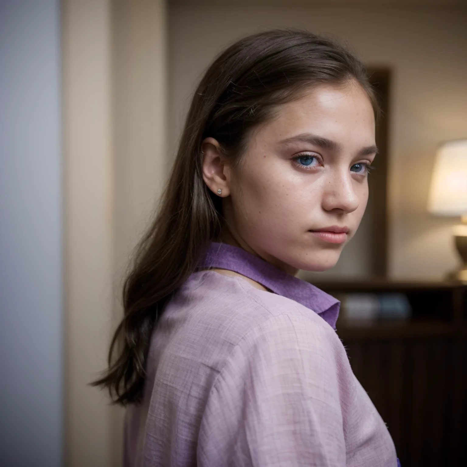 photo of a college student,, in Purple Pink, Linen coarse cloth, (freckles:0.8) Blush,cute face, sci-fi, dystopian, detailed eyes, cobalt blue eyes((Side view))Shy