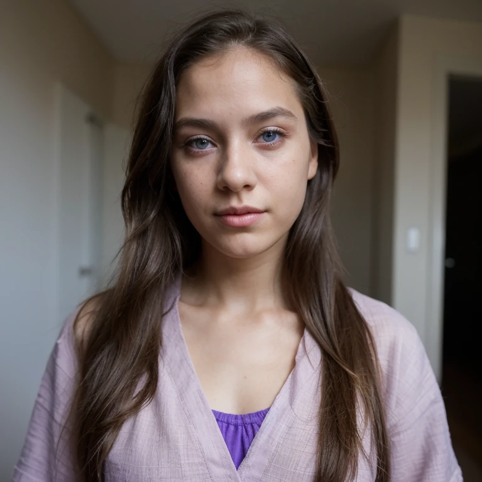 photo of a college student,, in Purple Pink, Linen coarse cloth, (freckles:0.8) Blush,cute face, sci-fi, dystopian, detailed eyes, cobalt blue eyes((Side view))Shy