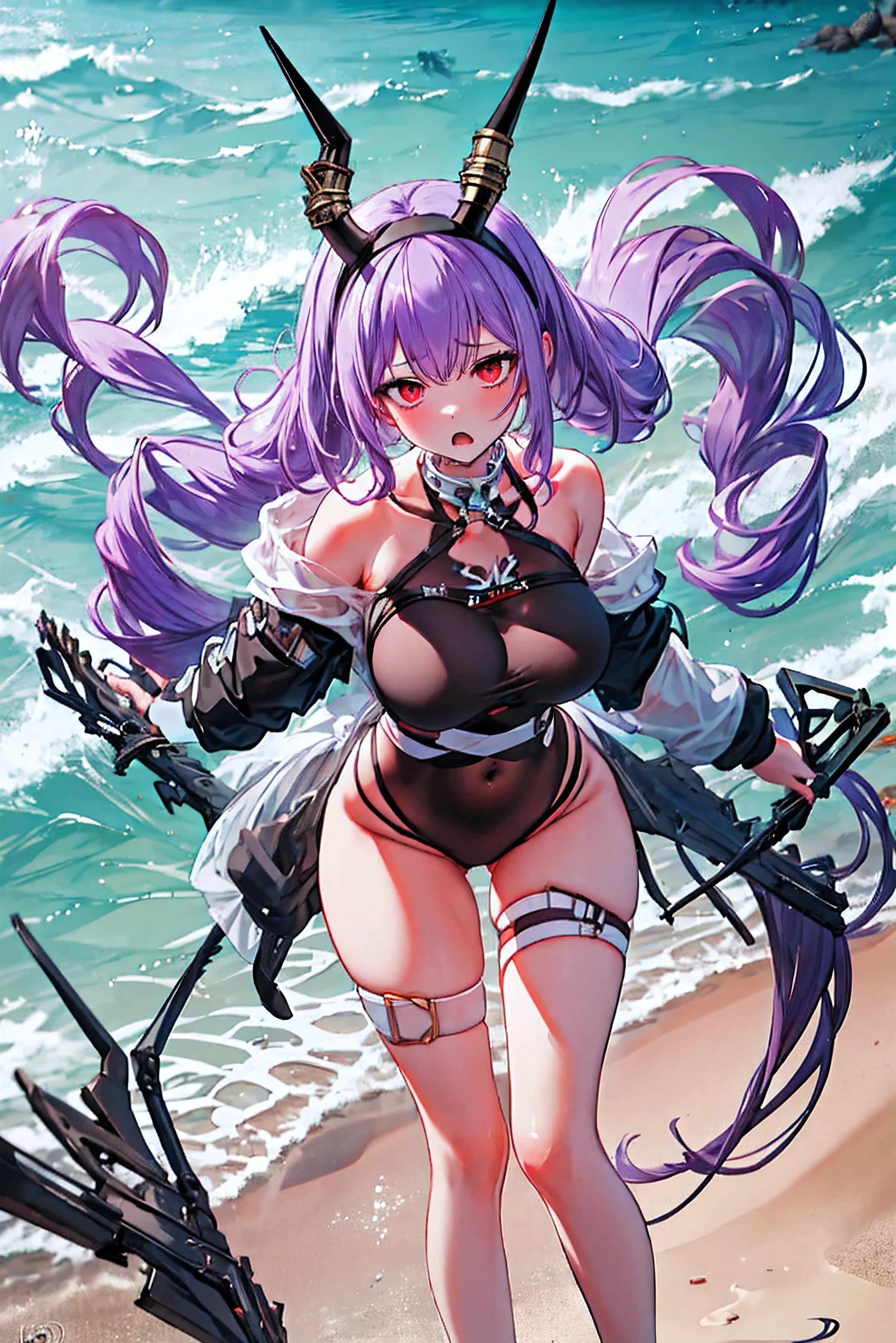 typhon| arknights, Masterpiece, best quality, 1 girl,25 years old , Very small micro bikini, Huge, enormous breasts, very long hair, hairband, purple hair, proportion body, proportion, show your , Water set, This micro bikini,micro mini bikini, Lying on the beach with alluring challenges, unctuous. ,only, beautiful sea, The sky is beautiful, Looking at the audience from the front, thigh strap, tilt your head, bored, 10, 10, high resolution, show a serious design, Expressing anger, Expressing an expression of displeasure , Very angry ,
