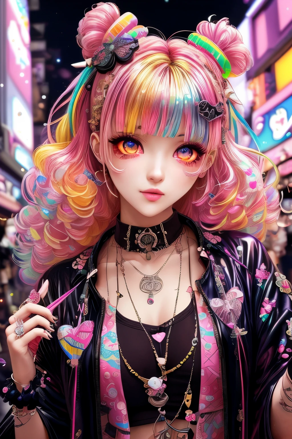 This is a colorful and ornate (masterpiece). Generate a trendy decora woman in the colorful and busy streets of Akihabara, Tokyo. Generate a lovely decora adult woman in the style of Olya Anufrieva on Artstation and Harajuku street fashion. Her clothes are vibrant in the Harajuku style. Include oversized accessories, neon colors, and inventive layering. The woman's clothes and accessories should be highly ornate in the ((((Harajuku decora)))) and decora kei style.  The woman's hair is curly and glossy and styled cutely. The woman's clothes and accessories should be highly ornate in the Harajuku decora and decora kei style. Her eyes are important and stunning, with interesting coloring and patterns. ((((iridescence and shimmer)))), glitter, best eyes, best quality, cyberpunk kei, visual kei, selfie, bold colors and patterns, LED lights, ((glowing neon signs)), ((ultra detailed)), dynamic composition, (((decora)))