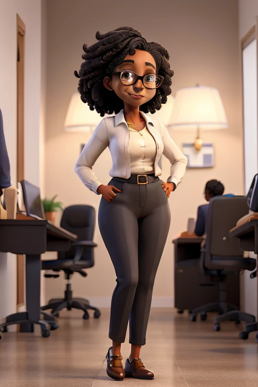 obra-prima, melhor qualidade, Mid Successful Mature Black Woman Looking, Smiling african american businesswoman standing, glasses, shy, back view, looking on viewer