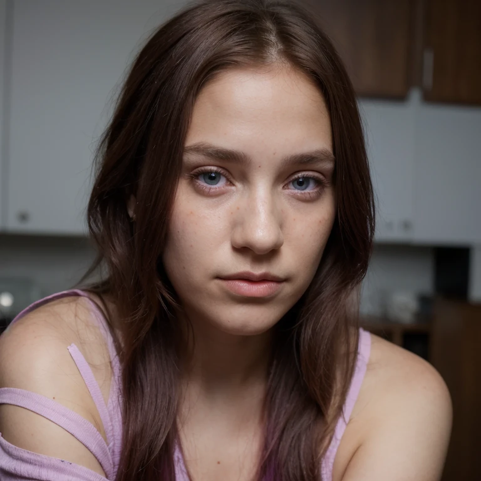 photo of a college student,9 years old, in Purple Pink, Linen coarse cloth, (freckles:0.8) Blush,cute face, sci-fi, dystopian, detailed eyes, cobalt blue eyes((Side view))Shy,Wine red gradient hair