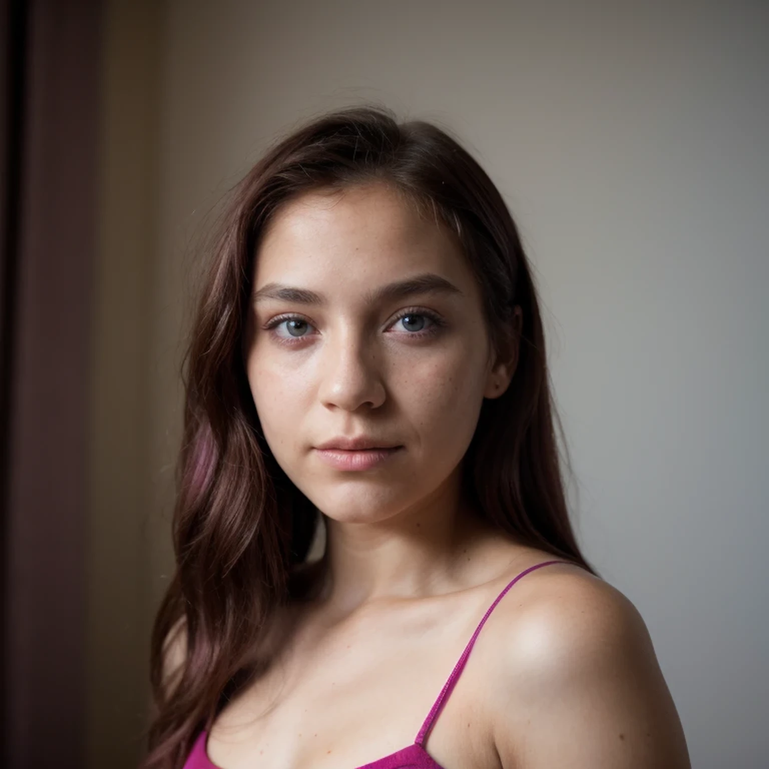 photo of a college student,9 years old, in Purple Pink, Linen coarse cloth, (freckles:0.8) Blush,cute face, sci-fi, dystopian, detailed eyes, cobalt blue eyes((Side view))Shy,Wine red gradient hair