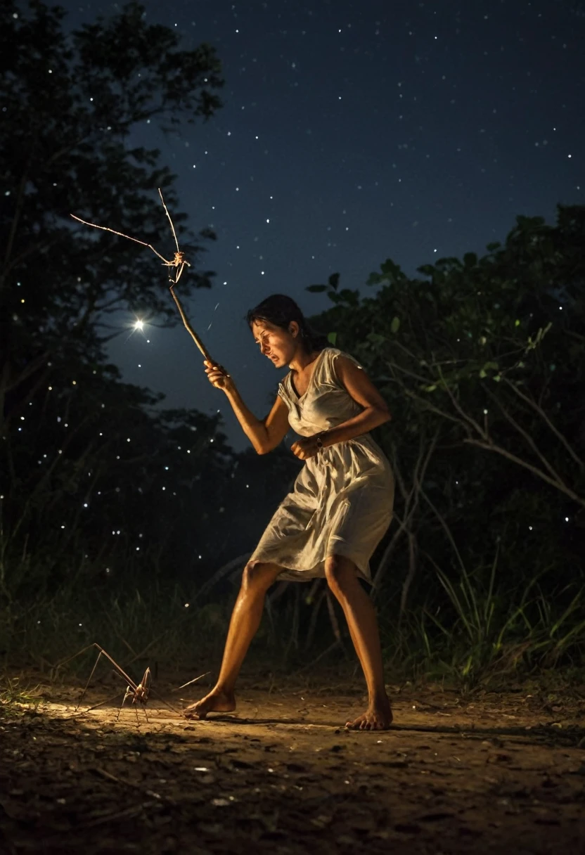 Genera una imagen que represente a una mujer adulta joven luchando por su vida contra varios mosquitos gigantes que la rodean. The scene is illuminated by moonlight, and the woman has an expression of determination and bravery as she dodges the mosquito attacks with a stick in her hands. En el fondo, you can see dark trees and a starry sky