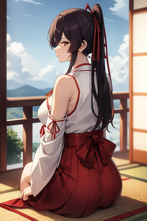 1girl, bangs, bare_shoulders, blue_sky, large breasts, brown_eyes, cloud, cloudy_sky, day, detached_sleeves, fence, hair_between_eyes, hair_ribbon, hakama, hakama_skirt, japanese_clothes, kimono, large_breasts, long_hair, looking_at_viewer, obi, railing, red_hakama, red_ribbon, ribbon, sash, shouji, sky, sliding_doors, solo, tree, veranda, white_kimono
((best quality)), ((masterpiece)), (detailed), Sagirin, back view, ass, ass shape, curved kimono, sitting,