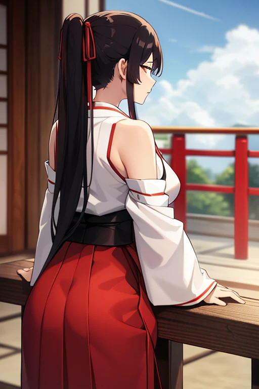 1girl, bangs, bare_shoulders, blue_sky, large breasts, brown_eyes, cloud, cloudy_sky, day, detached_sleeves, fence, hair_between_eyes, hair_ribbon, hakama, hakama_skirt, japanese_clothes, kimono, large_breasts, long_hair, looking_at_viewer, obi, railing, red_hakama, red_ribbon, ribbon, sash, shouji, sky, sliding_doors, solo, tree, veranda, white_kimono
((best quality)), ((masterpiece)), (detailed), Sagirin, back view, ass, ass shape, curved kimono, sitting,