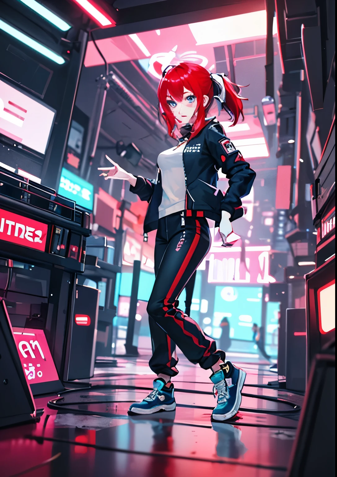 ((masterpiece)), (((best quality))), chromatic lighting,
colorized, red + white limited color palette, 
detailed concept drawing,
Street girl, cyberpunk, futuristic, doing Pachinko 
portrait, 20yo 1girl, medium soft breasts, slender, jacket, combat-pants, red hair, blue eyes, dancing on a stage, 