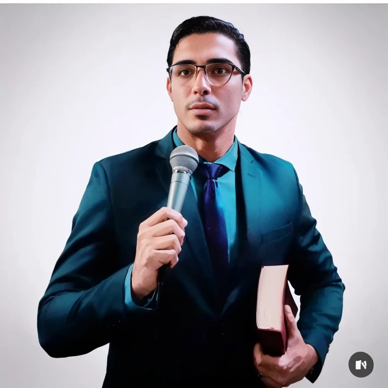 Homem de terno segurando um microfone e um livro, david rios ferreira, André Rios, por David Rubin, vitor maristane, Pete Morbacher, by Alexander Obregón, Ignatius Fernandez Rios, Miguel Iglesias, por Juan Carlos Stekelman, Esteban Maroto, Ignatius Fernandez Rios, Rafael Personaz