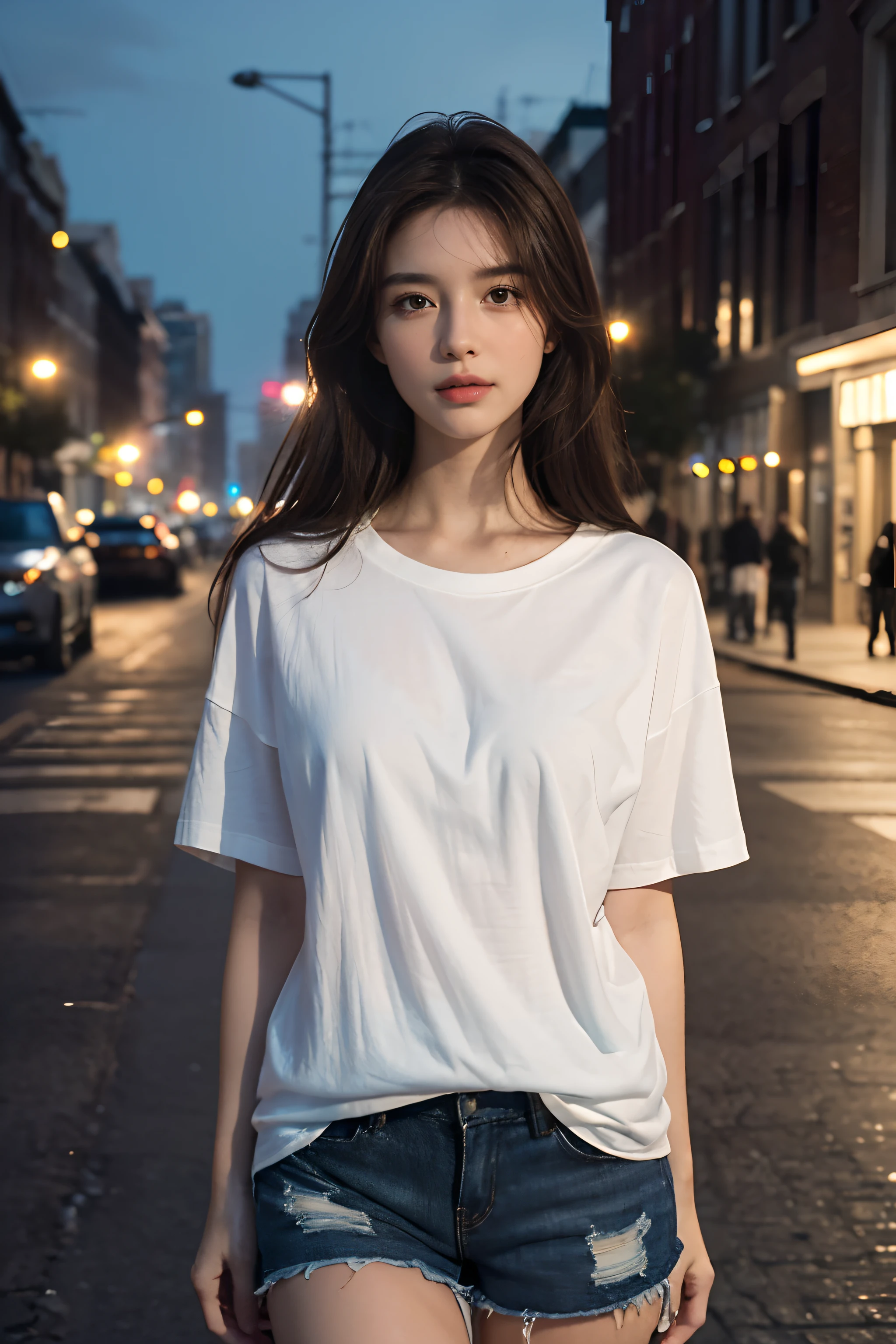 ((Realistic lighting, Best quality, 8K, Masterpiece: 1.3)), Clear focus: 1.2, 1girl, Perfect body beauty: 1.4, ((dark brown hair)), (Oversized white T-shirt and shorts: 1.8) (Outdoor, night: 1.1), City Street, Super Fine Face, Fine Eyes, Double Eyelids,