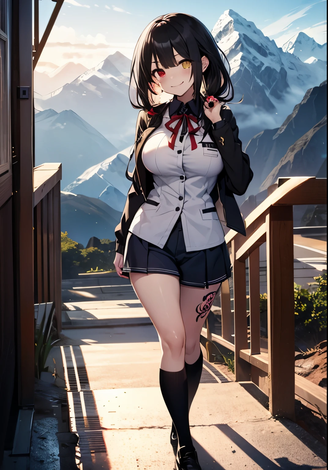 Masterpiece, high quality, ultra quality, best lighting, 1girl, ((tokisaki kurumi)), long hair, black hair, low twintails, monochrome, ((right red eye:1, left yellow eye:1)), black , ((black school uniform)), ((short pants)), ((big breast)), ((big thigh)), smile, blush, cute face, ((gesugao face)), standing, sexy body, sexy, tattooed full body, tattooed face, (((tattooed))),looking at viewer, large the breast, nsfw, (((mountain)))