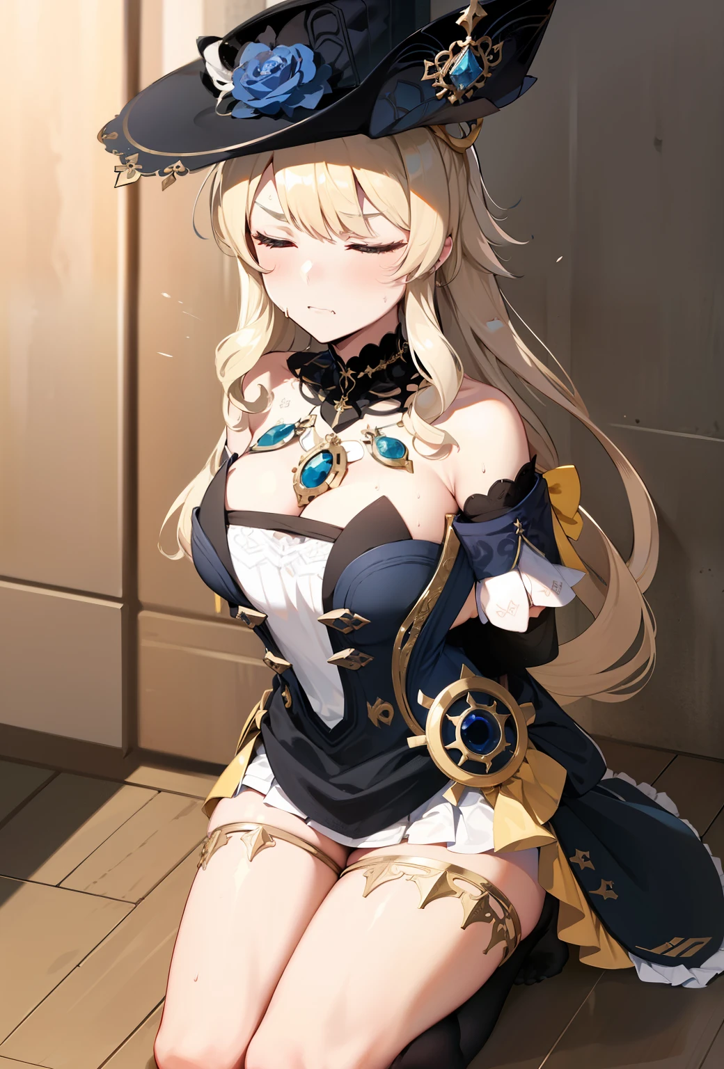 best quality, masterpiece, highres, solo, (navia_genshin:1.10), 1girl, bare shoulders, detached sleeves, (((closed eyes))), strapless dress, black gloves, hat flower, jewelry, clenching teeth, (((Hands tied behind ))), ((arms behind back)), (scowl), sweat, angry, bad mood, ((seiza)), ((Thighs together)), closed mouth, Sitting on the floor, basement, concrete wall, concrete floor, cleavage, navia