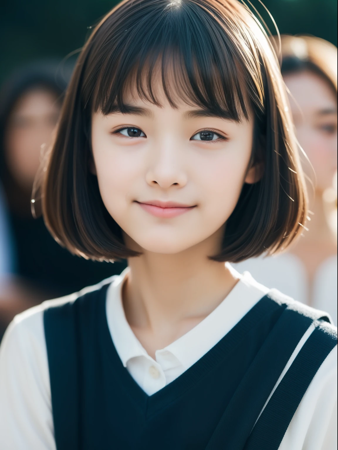 Neat and clean elementary school girl, people, (slim, small, flat, small), Black-haired, Realistic, detailed, detailedな肌の質感, 超detailed, Delicate clavicle, smile, 非常にdetailedな顔, detailedな唇, Fine grain, (12-year-old girl)、Delicate eyebrows、Short neck、Professional photography、(Staring at the audience)、Flare、(Unique beautiful girls)、30mm prime lens、I narrowed my eyes.、pores、Body hair, Close-up