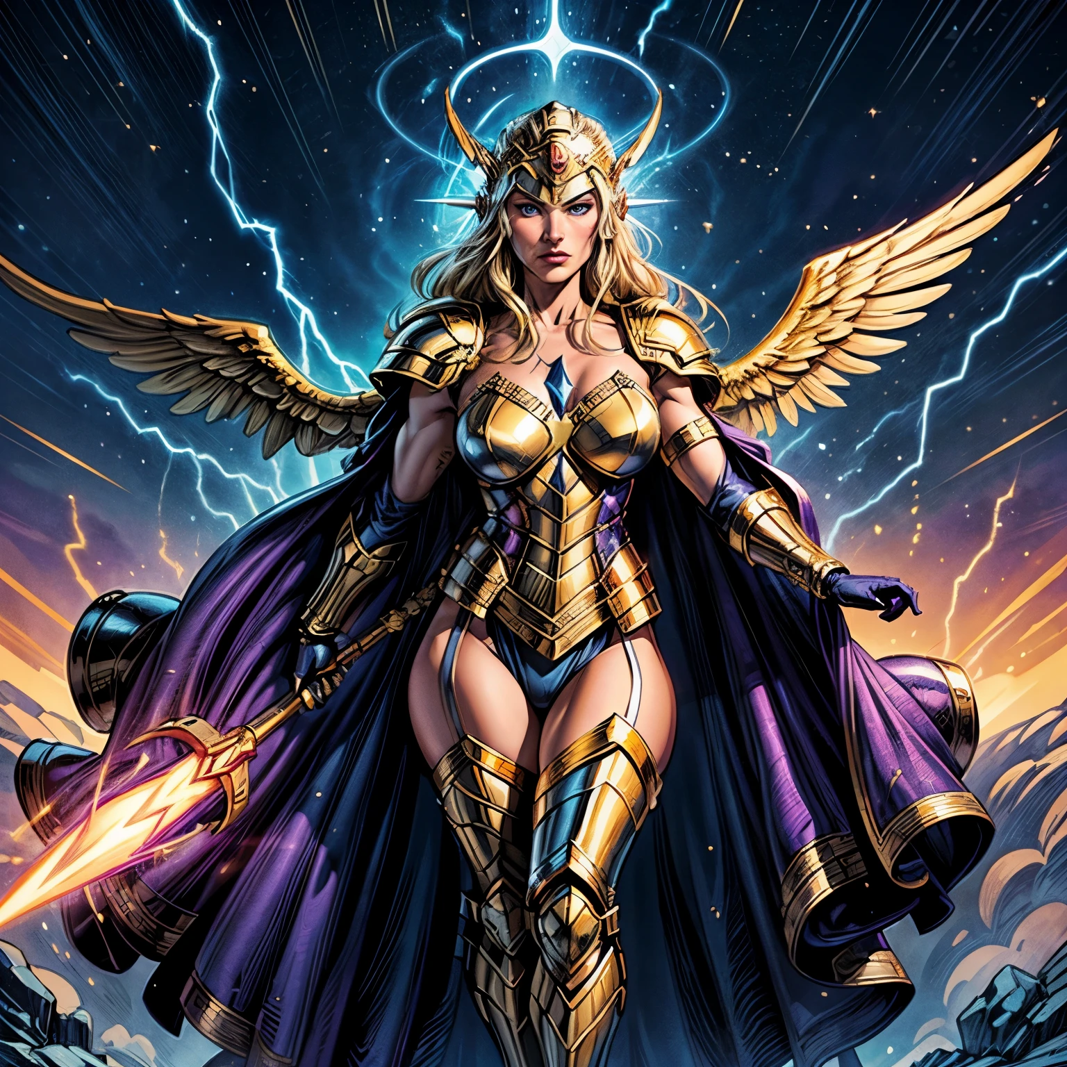 (best quality:1.2,comics art:1.1,vivid colors,victorius scene,beautiful vintage angel warrior woman with very big bulky white wings, WIELDING one sword,((dark green dress with gold embroid details)),little breasts, determined face expression,(((corpo de frente para o observador))),storm and lightning dark blue sky background,dramatic lighting)