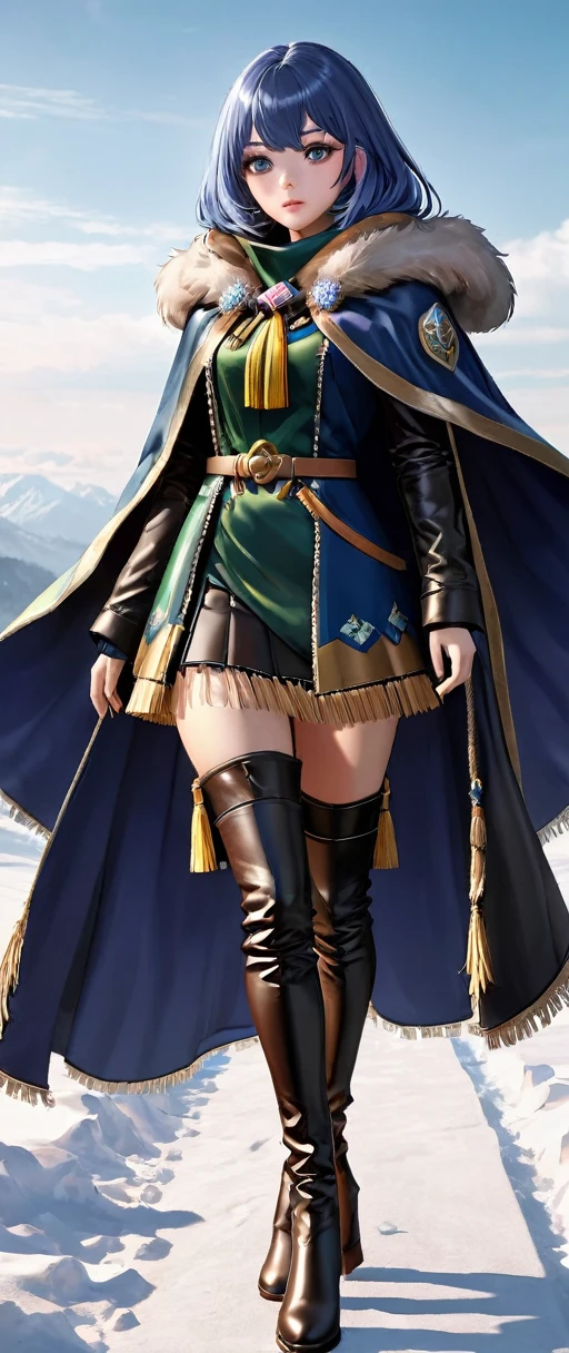 sehele style, full body view, anime, a woman, richly colored velvet cloaks lined inside fur trimming along its edges, thick leather boots, luxurious capes finished off with tassels hanging down near its hemlines, 8k, 4k, Unreal Engine 5, octane render, trending on pixiv, fanbox, skeb, masterpiece, smooth soft skin, big dreamy eyes, beautiful intricate colored hair, anime wide eyes, soft lighting, concept art, digital painting, by Seunghee Lee