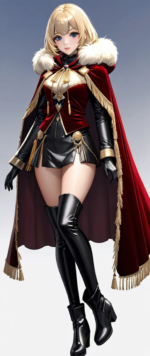 sehele style, full body view, anime, a woman, richly colored velvet cloaks lined inside fur trimming along its edges, thick leather boots, luxurious capes finished off with tassels hanging down near its hemlines, 8k, 4k, Unreal Engine 5, octane render, trending on pixiv, fanbox, skeb, masterpiece, smooth soft skin, big dreamy eyes, beautiful intricate colored hair, anime wide eyes, soft lighting, concept art, digital painting, by Seunghee Lee