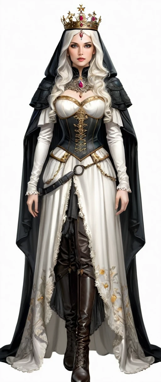 ((Masterpiece, white background)) full body of a woman in a dress with a veil, feet together, standing feet together, military boots, beautiful fantasy maiden slave warrior, beautiful fantasy art portrait, fantasy victorian art, medieval fantasy art, beautiful and elegant queen, portrait of queen of light, fantasy portrait art, gothic fantasy art, a beautiful fantasy empress, hands on hips