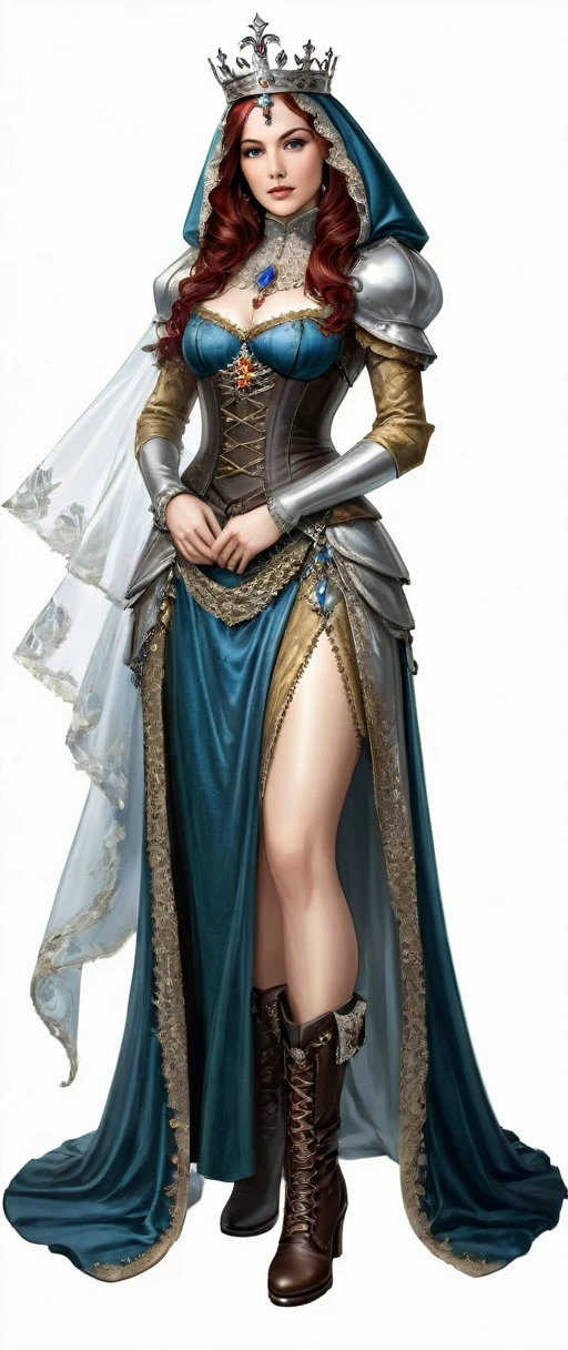 ((Masterpiece, white background)) full body of a woman in a dress with a veil, feet together, standing feet together, military boots, beautiful fantasy maiden slave warrior, beautiful fantasy art portrait, fantasy victorian art, medieval fantasy art, beautiful and elegant queen, portrait of queen of light, fantasy portrait art, gothic fantasy art, a beautiful fantasy empress, hands on hips