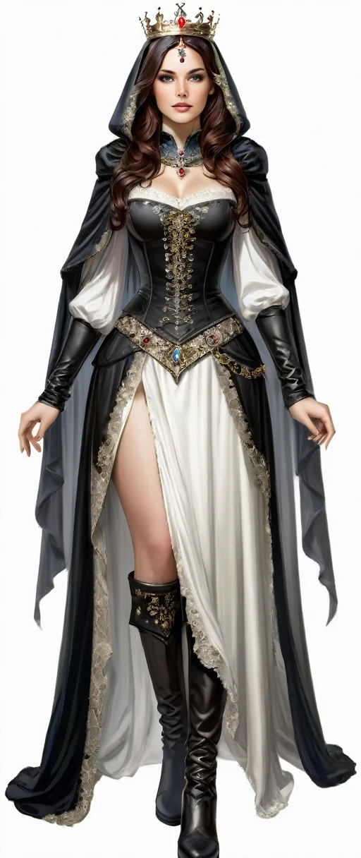 ((Masterpiece, white background)) full body of a woman in a dress with a veil, feet together, standing feet together, military boots, beautiful fantasy maiden slave warrior, beautiful fantasy art portrait, fantasy victorian art, medieval fantasy art, beautiful and elegant queen, portrait of queen of light, fantasy portrait art, gothic fantasy art, a beautiful fantasy empress, hands on hips