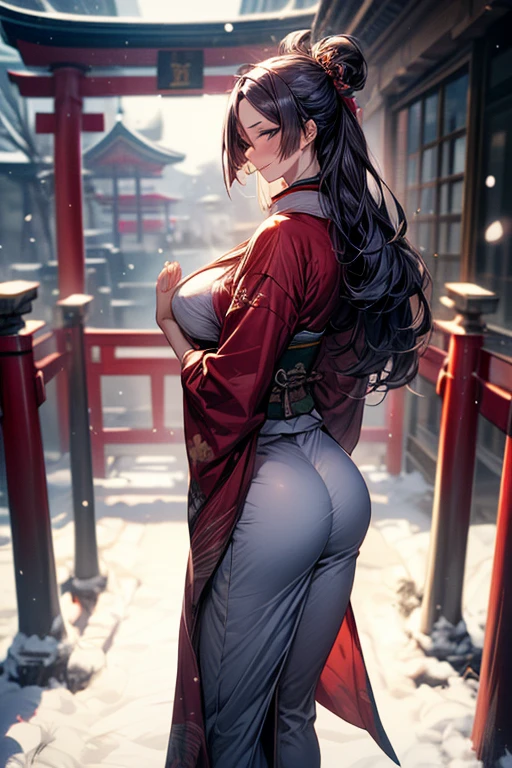 Beautiful sensual woman with a curvy body, long hair, ((air blowing hair)), bangs, widest waist, fitting breasts, curvy accentuated booty, sparkling eyes, long eyelashes, thick thighs, Strong calves, shy Look , strolling through a Mountain village, looking at old Japanese buildings, evening in Winter, photorealistic, Masterpiece, bokeh, Volumetric lighting, winter season atmosphere, full body shot from the side,