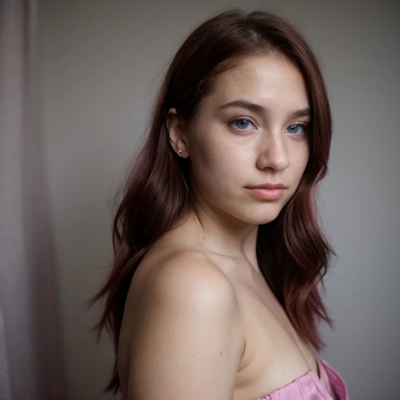 photo of a college student，************, in Purple Pink, Linen coarse cloth, (freckles:0.8) Blush，cute face, sci-fi, dystopian, detailed eyes, cobalt blue eyes（（Side view））Shy，Wine red gradient hair