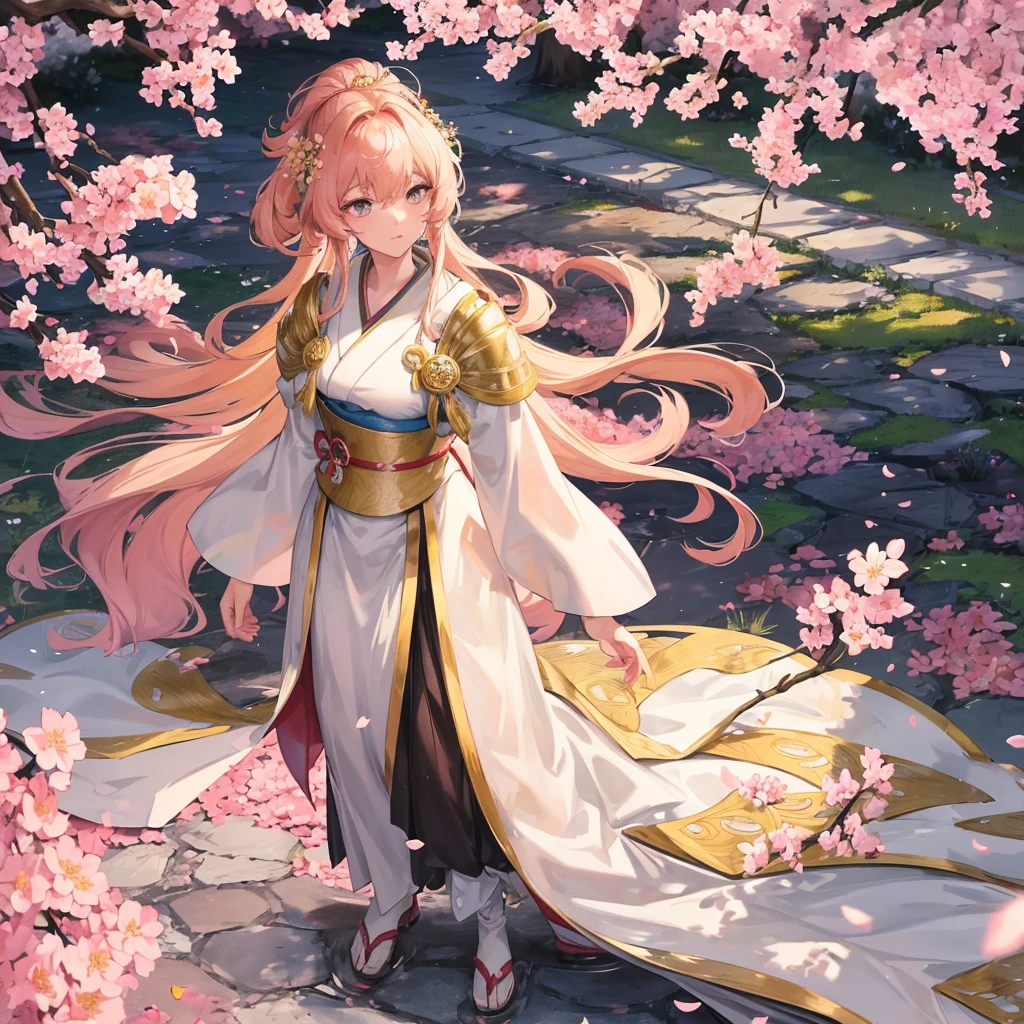 An anime girl with flowing, lustrous locks and expressive, bright eyes lets things take their course as she meditates in a serene garden, dressed in a simple yet elegant kimono. Her mentally strong demeanor is evident in her unwavering gaze, and the peaceful princess aura that surrounds her. The garden is filled with cherry blossom petals drifting gently in the breeze, creating an atmosphere of tranquility and resilience. The soldier, standing guard nearby, admires her courage and determination from a distance, his stern features softening with admiration. The sun sets behind them, casting a warm, golden glow over the scene, emphasizing the intricately detailed textures