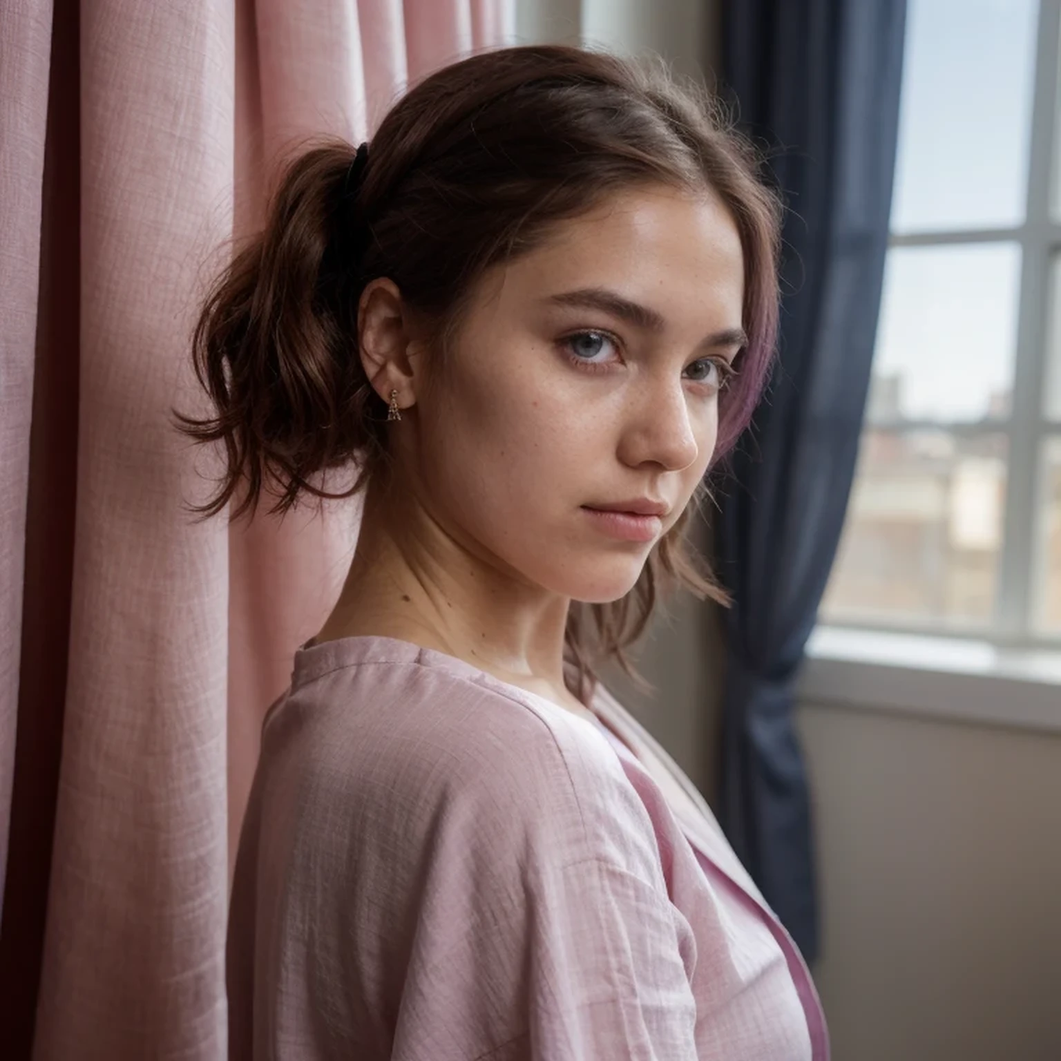 photo of a college student，16 years old, in Purple Pink, Linen coarse cloth, (freckles:0.8) Blush，cute face, sci-fi, dystopian, detailed eyes, cobalt blue eyes（（Side view））Shy，Wine red gradient hair