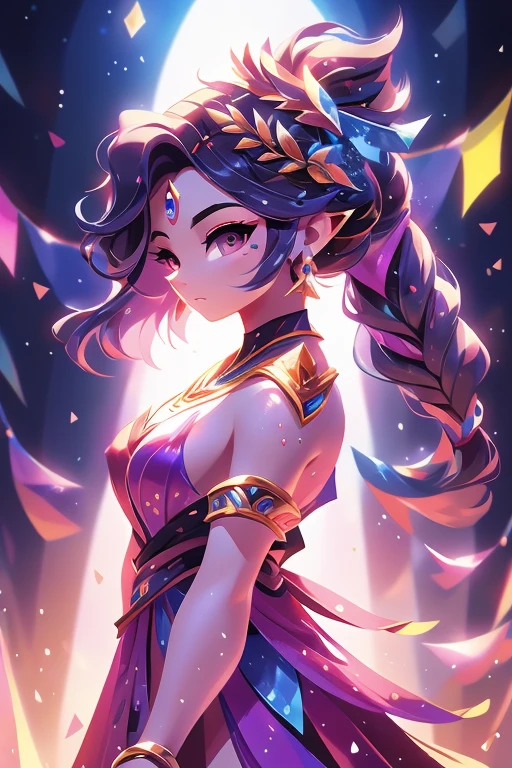 Boyahan BRAVA CORAJOSA,Mulher no vestido colorido de lantejoulas,cabelo preto longo e liso,penteado com corte princesa,(Very perfect facial representation,delicate facial features),Cintilante de cristal,Raios refratados, estilo de arte de fantasia, Arte detalhada de alta qualidade em 8K, arte de fantasia digital ), Character art with 8K 3D rendering, Arte digital altamente detalhada em 4k, Arte de fantasia Behance, fantasy style 8k octane rendering, bela arte de fantasia, Stunning fantasy 3D rendering, 8k art german bokeh,profundidade de campos