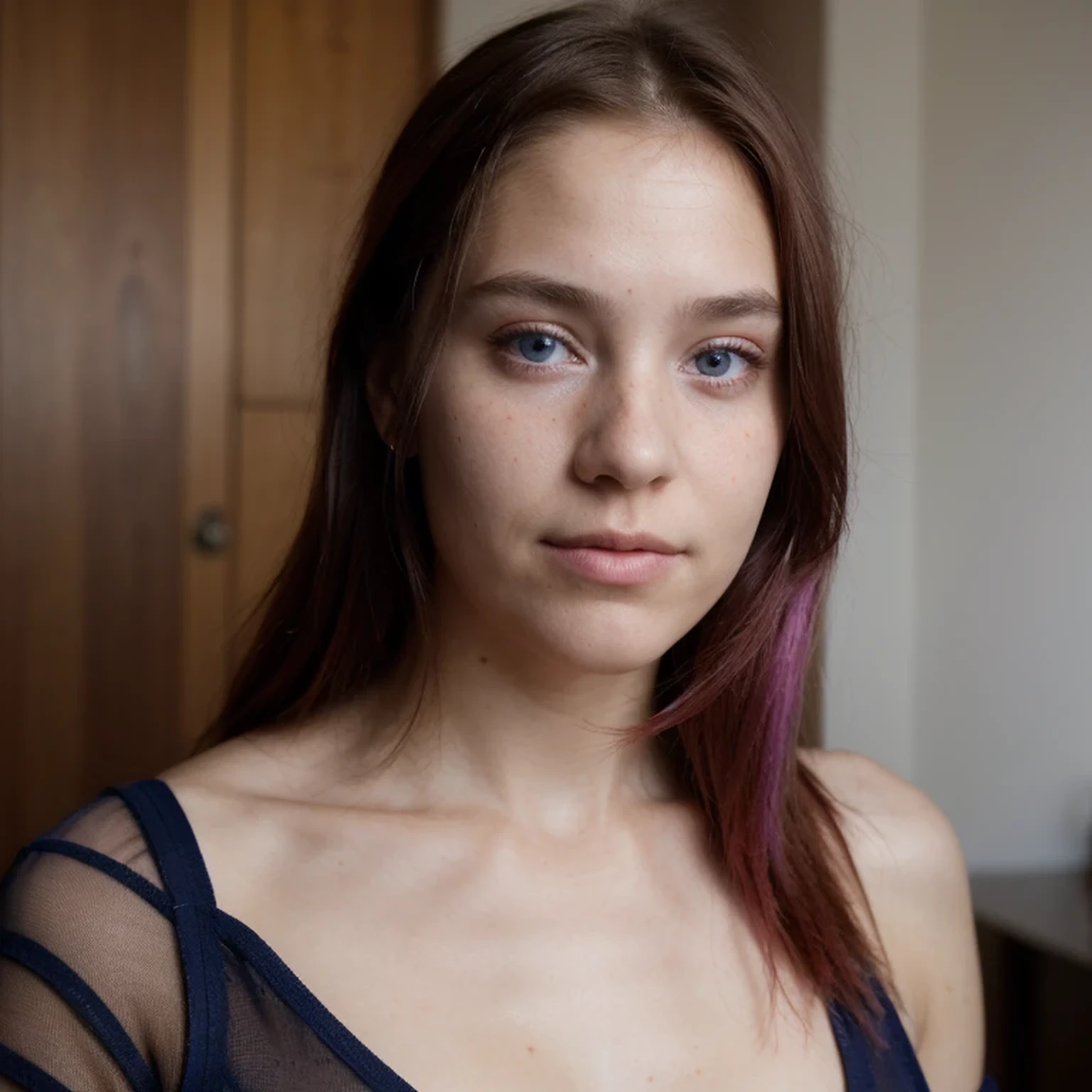 photo of a college student,16 years old, in Purple Pink, Linen coarse cloth, (freckles:0.8) Blush,cute face, sci-fi, dystopian, detailed eyes, cobalt blue eyes((Looking up))Shy,Wine red gradient hair