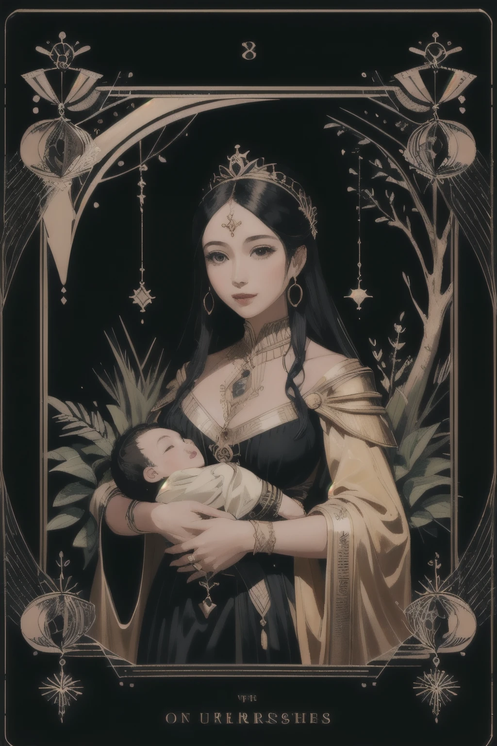 (highest quality, masterpiece), (Tarot, Tarot card,:1.1)  Queen: A nurturing figure surrounded by symbols of abundance and fertility. Painting a woman in a lush garden, Exudes maternal energy、surrounded by nature.,  Black background, Golden, Upper Body, gold frame 