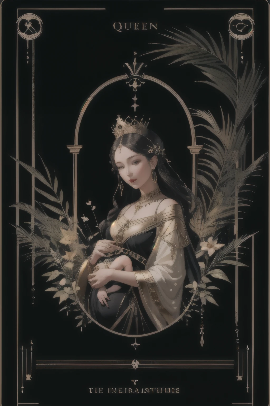 (highest quality, masterpiece), (Tarot, Tarot card,:1.1)  Queen: A nurturing figure surrounded by symbols of abundance and fertility. Painting a woman in a lush garden, Exudes maternal energy、surrounded by nature.,  Black background, Golden, Upper Body, gold frame 