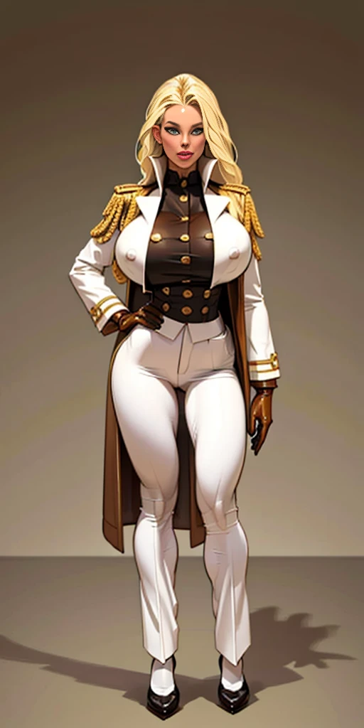 young adult girl, Tall stature, little chest, closed mouth, Slavic appearance: Green eyes; blond hair; sharp facial features; dimple on the chin; Straight nose; high nose; pronounced high cheekbones; high forehead, stands upright, (gigantic :1.4), detailed face, military uniform: double-breastecoat; pants, Full-length painting, leather gloves